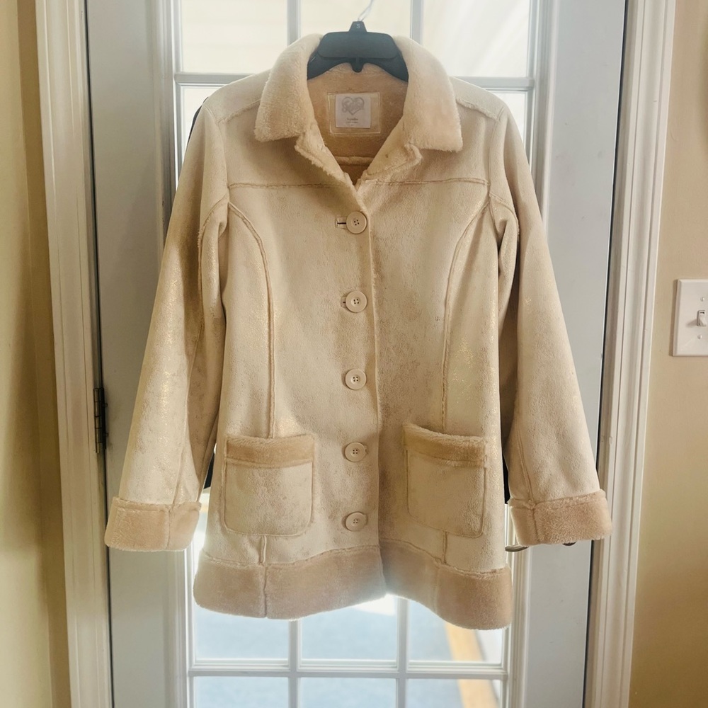 Justice Cream/Gold Teddy Jacket Soft Fuzzy Mid-Length Button Down Pockets Sz 16